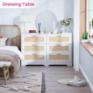 REDLIFE Comò in rattan da 47,24 pollici con 6 cassetti, armadio moderno in legno con maniglie dorate per camera da letto, soggiorno, corridoio