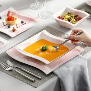 MALACASA FLORA Set di stoviglie in porcellana rosa marmo europeo nordico da 26 pezzi con ciotola, piatto da pranzo, Set di piatti da Dessert e zuppa per 6