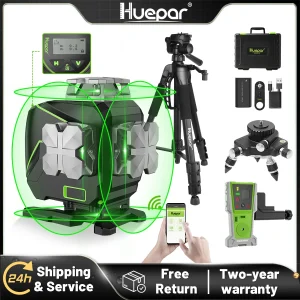 Huepar 16 linee Set di livelli laser a linee incrociate 4D Funzioni Bluetooth e telecomando Linee a raggio verde con custodia rigida senza staffa
