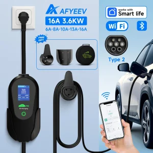 AFYEEV 3600W Portatile Tipo 2 IEC62196-2 EV Caricatore Caricabatteria per auto elettrica Cavo di ricarica Spina UE WiFi Bluetooth APP Telecomando