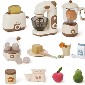 Robotime Robud Set da cucina giocattolo per bambini Elettrodomestici da cucina in legno con tostapane Miscelatore Frullatore Set da gioco da cucina per bambini 4 set