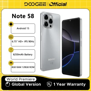 Versione globale DOOGEE Nota 58 8 GB RAM 128 GB ROM 6,75 “HD + 90 Hz Schermo IPS 6250 mAh Batteria grande NFC Android 15 Smartphone