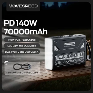 MOVESPEED Z70Pro Power Bank 70000mAh 140W PD Stazione di alimentazione a batteria esterna a ricarica rapida con torcia per laptop da campeggio all’aperto