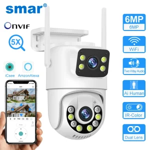 Telecamera IP WiFi Smar 6MP PTZ Doppia lente con doppio schermo Audio bidirezionale Monitoraggio automatico Sicurezza CCTV esterno Vedio Sorveglianza ICSe