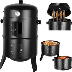 Griglia per barbecue a carbone 3in1 Barile per affumicatore per barbecue Griglia per affumicatore con termometro – Barile per affumicatore 3 in 1 per feste di cucina all’aperto
