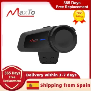 Interfono per Casco Moto Maxto M2, Bluetooth 5.0, Impermeabile, per 6 Motociclisti, Distanza 1000 Metri, FM MP3, Funzione di Accoppiamento Universale