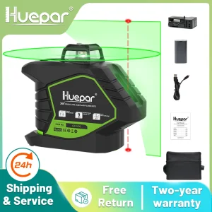 Huepar 5 linee livello laser verde linea trasversale autolivellante con 2 punti idraulici 360 °   Copertura degli strumenti laser al litio 6211CG