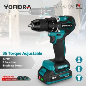 Trapano Avvitatore Elettrico Brushless YOFIDRA 35+3 con Coppia Elevata, Mandrino da 13MM, Multifunzione, Compatibile con Batteria Makita 18V