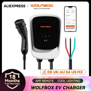 WOLFBOX Stazione di ricarica EV Tipo 2 7KW 32A Caricatore per auto per veicoli elettrici monofase Wallbox con schermo LCD Scheda RFID di controllo APP