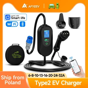 AFYEEV 32A 7.2KW Type2 IEC62196-2 Caricatore EV Caricatore portatile per veicoli elettrici Cavo di ricarica EVSE WiFi Bluetooth Controllo APP