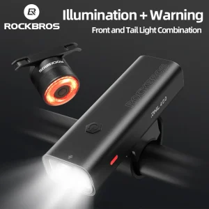ROCKBROS Luce per bici Faro per bicicletta ricaricabile di tipo C impermeabile Torcia con portata 200M con fanale posteriore Accessorio per ciclismo