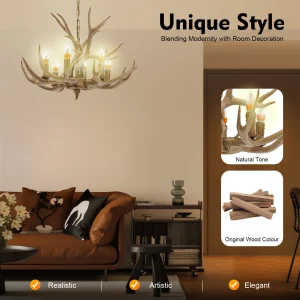 Il lampadario a 6 luci con corna inizia la lampada da ristorante a lume di candela in corno, lunghezza della catena regolabile in stile vintage per il soggiorno