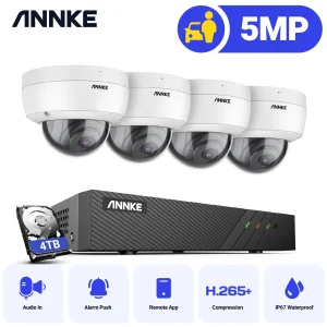 ANNKE 5MP PoE Sistema di telecamere di sicurezza IP 4 pezzi Telecamere dome 6MP NVR Visione notturna Microfono IP67 Sorveglianza CCTV per interni ed esterni
