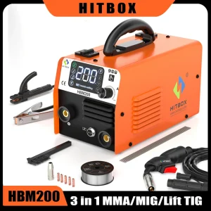 Saldatrice MIG semiautomatica HITBOX HBM200 senza gas 3 in 1 ARC/MIG/Lift TIG, saldatrice inverter portatile per uso domestico con funzione Synergy