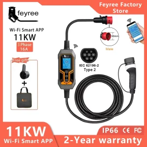 Feyree Caricatore EV portatile Type2 11KW 16A 3 fasi Wi-Fi APP Versione Bluetooth Cavo di ricarica EVSE Spina CEE da 5 m per auto elettrica