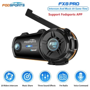 Fodsports FX8 Pro Interfono per moto Auricolare Bluetooth per casco, citofono BT,8 motocicliste 2000M, condivisione musicale, doppio chip, radio FM.