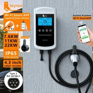 Feyree Type2 EV Caricatore 32A 7.6KW Stazione di ricarica Caricatore per auto 11KW 22KW 3 fasi EVSE Wallbox Schermo da 4,3 pollici Controllo intelligente APP