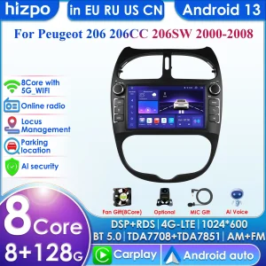 Android 14 Autoradio per Peugeot 206 206CC 206SW Lettore video multimediale Navigazione GPS Carplay QLED Touch Screen Auto Stereo 8G