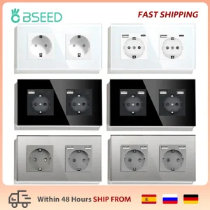BSEED Prese doppie a muro standard UE Presa UE 16A 110 V-240 V Bianco Nero Gloden Pannello in vetro cristallo Tipo-c Prese di alimentazione USB