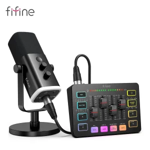 FIFINE Kit podcast all-in-one con mixer audio RGB, set da studio streaming con microfono dinamico per registrazione di giochi su PC-Ampligame KS5