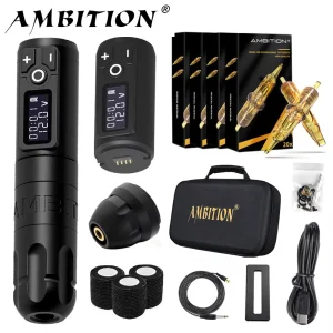 Ambition Soldier Kit penna per macchinetta per tatuaggi wireless Motore coreless con batteria da 2400 mAh Cartuccia mista da 80 pezzi per tatuatore