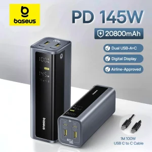 Baseus 145W Power Bank 20800mAh Dual USB A USB C PD 100W Ricarica rapida Display digitale PowerBank portatile per telefono portatile Steam