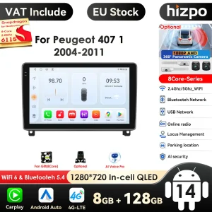 Hizpo 9 ”Riprotore Multimediale Intelligente 2Din Android 14 Autoradio per Peugeot 407 1 2004-2011 Navigazione GPS Video Carplay 4G AI