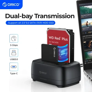 ORICO Stazione per disco rigido dual-bay USB3.0 Docking station per HDD tipo C da 5 Gbps con adattatore di alimentazione 12 V 3 A per HDD/SSD da 2,5/3,5 pollici