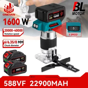 Trimmer manuale elettrico senza spazzole a 5 velocità 1600W Router di legno a batteria Lavorazione del legno Scanalatura per batteria 21V 18V