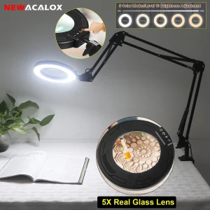 NEWACALOX 5X Lente d’ingrandimento flessibile a mani libere Lampada d’ingrandimento a LED da 4,3 pollici Lente in vero vetro per la lettura Riparazione Chiudi lavoro