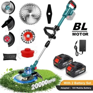 Tagliaerba Elettrico Senza Fili Brushless, Decespugliatore per Rami e Arbusti, Utensile da Giardino con Bobina e 2 Batterie