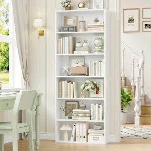 Getone Libreria a 6 livelli, Libreria da soggiorno, Scaffale in legno da 180 cm, Espositore, Scaffale portaoggetti, 60×23,5×180 cm Bianco/Nero/Rovere