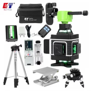 Kaitian Niveau Ricevitore di livello laser Verde 16 linee 4D Autolivellante Croce Batteria verticale e orizzontale Treppiede di livello laser a 360°