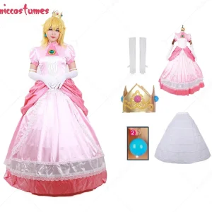 Miccostumes Costume cosplay per adulti Halloween Peach Abito da donna Costume cosplay da principessa Abito rosa Guanti Orecchini Corona Sottoveste