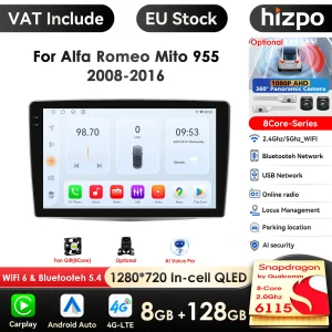 Hizpo AI Wireless Carplay Android Auto Car Multimedia Player per Alfa Romeo MiTo 955 2008-2016 Carplay 4G Autoradio 360 ° fotocamera