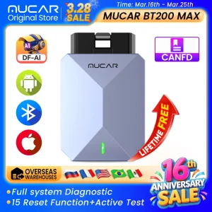 Strumento diagnostico AI completo per auto MUCAR BT200 MAX, 15 funzioni di reset, lettore di codici, bidirezionale CANFD, aggiornamenti gratuiti a vita.