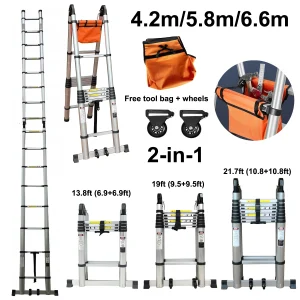 Scala telescopica in alluminio 6.6m/4.2m 13.8ft 22ft scala multiuso portatile pieghevole con telaio A con carico certificato EN131 150kg