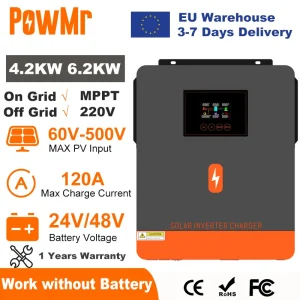 PowMr 6.2KW 4.2KW Inverter solare ibrido sulla rete Inverter a onda sinusoidale pura 24V 48V 230V Doppia uscita con caricatore solare MPPT 120A