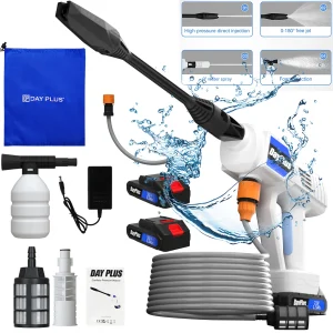 Idropulitrice a batteria DayPlus, idropulitrice portatile ad alta potenza 21V 30 Bar/435 PSI, 180 ° Regolabile gratuito, BatteriaX2, Tubo da 5 m