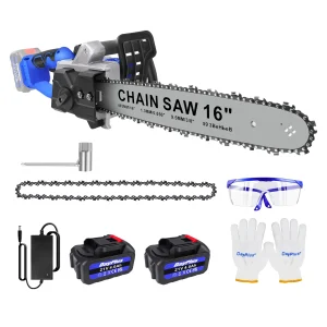 Motosega elettrica a batteria da 16 pollici con 2 batterie e caricabatterie, motosega portatile senza spazzole per potatura di alberi da taglio del legno