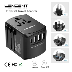LENCENT Adattatore da viaggio universale Caricatore da viaggio all-in-one con porte USB + Adattatore per caricabatterie da muro di tipo C per viaggi USA EU UK AUS