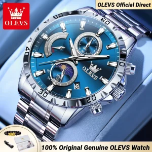 OLEVS 2953 orologi da uomo dal Design esclusivo orologio al quarzo cronografo impermeabile con fasi lunari in acciaio inossidabile completo per uomo genuino