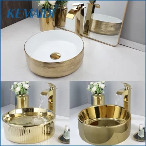 KEMAIDI 14.6 ”lavello rotondo in oro con rubinetto lavabo in ceramica lavelli da bagno sopra lavello da appoggio lavabo da appoggio