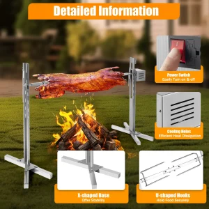 Kit griglia girarrosto automatico per barbecue da 53 pollici Supporto per girarrosto universale regolabile in altezza Asta esagonale in acciaio inossidabile per agnello di maiale
