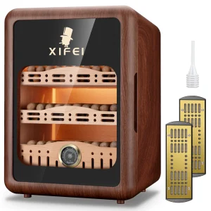 Humidor per Sigari XIFEI, Armadietto Humidor per fino a 150 Sigari, Humidor da Tavolo con Illuminazione LED e Ripiani in Legno di Cedro Spagnolo, Igrometro