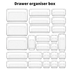 25pc Organizzatori per cassetti Set Divisori da scrivania in plastica trasparente Contenitori Camera da letto Comò Scatola portaoggetti per ufficio per trucco Gioielli Gadget