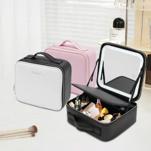 Borsa per il trucco da viaggio con specchio LED, custodia per organizer con scomparto regolabile, custodia per trucco regolabile con scenari a 3 colori