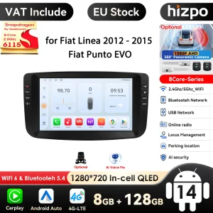 Autoradio 9 pollici Carplay 4G 2 Din Android 14 per Fiat Linea 2012 – 2015 Fiat Punto EVO Lettore video multimediale Navi GPS DSP WIFI