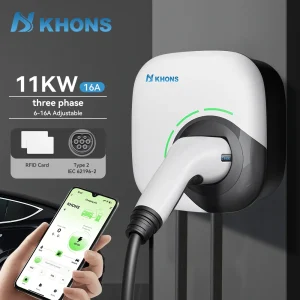 Khons EV Stazione di ricarica 16A 11KW Caricabatteria per auto per veicoli elettrici Wallbox 11KW 3 fasi Type2 Cavo EV IEC62196-2 Controllo APP