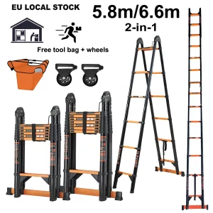 Scala telescopica 5,8 m/6,6 m Scala multiuso portatile pieghevole con telaio A 2 in1 in acciaio al carbonio con carico certificato EN131 150 kg